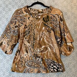 Caribe Fashion Women's Tunic Top Blouse Size Small Brown Paisley Print‎